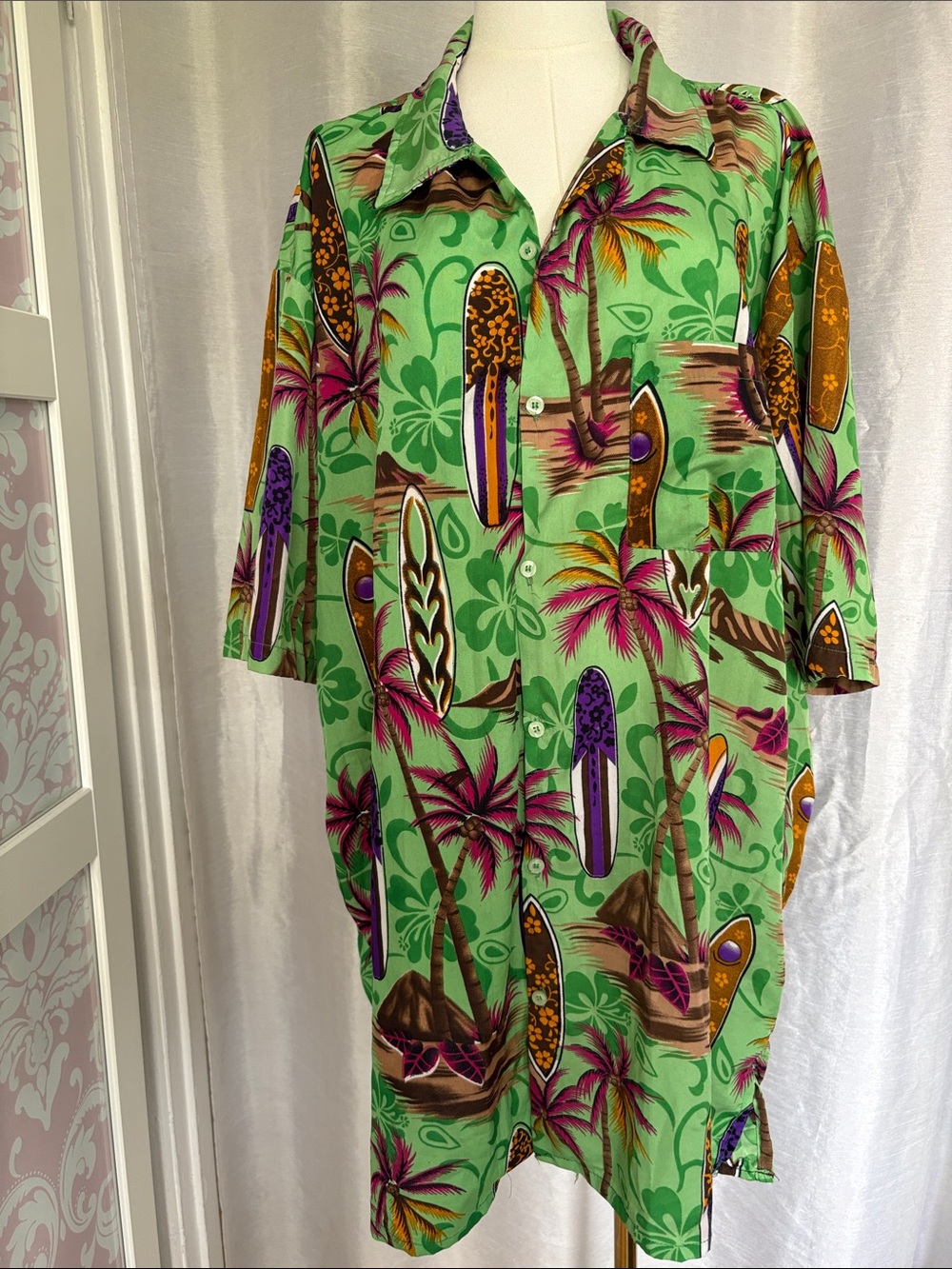 Green Tropical Surfboard Button-Up Shirt